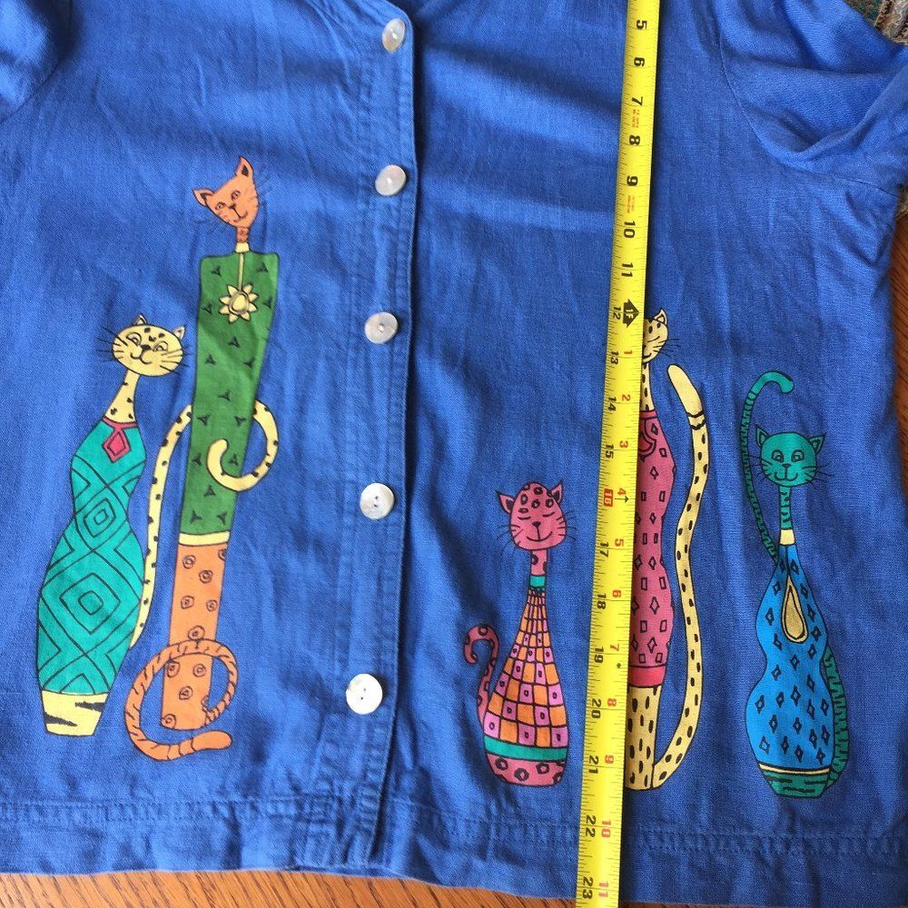 Stonebridge Linen Cat top Vintage 3/4 sleeve M blue button front pockets - Picture 7 of 7